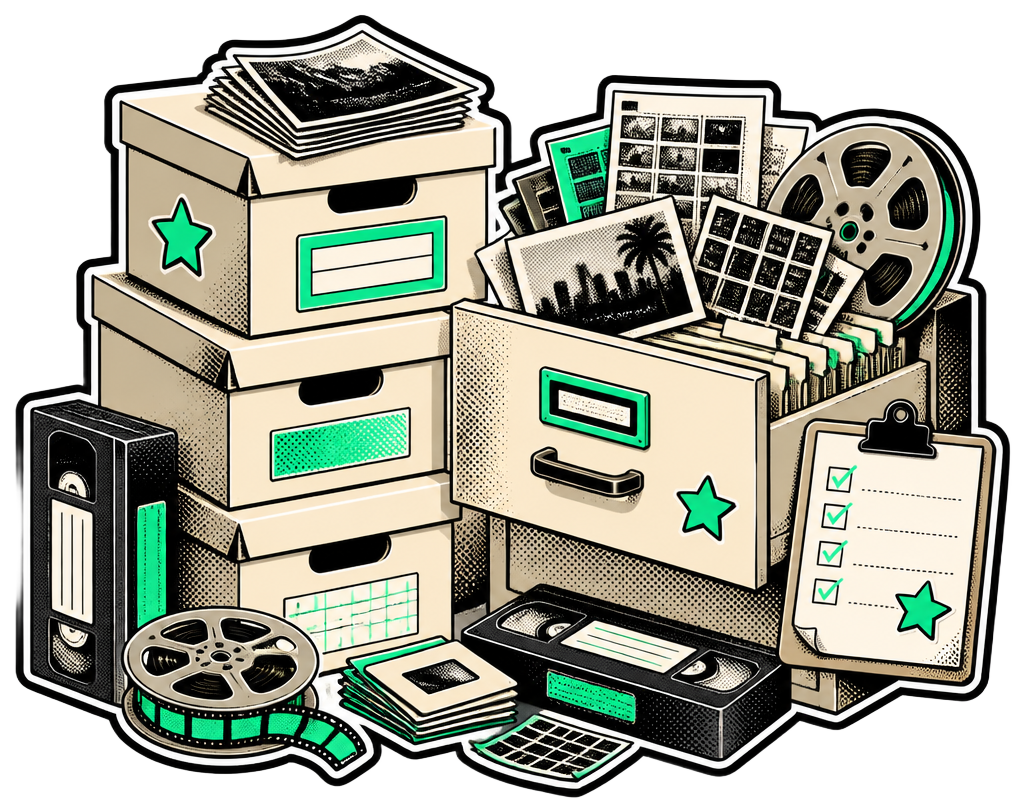 Illustration of stacked archive record boxes, a filing cabinet of photo prints and microfiche, VHS tapes and film reels with an intake checklist