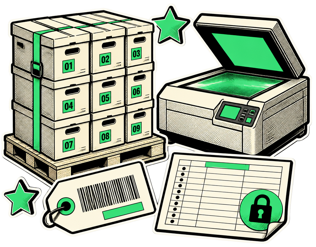 Illustration of numbered archive boxes on a pallet beside an industrial flatbed scanner, a barcode intake tag and a locked chain-of-custody log sheet