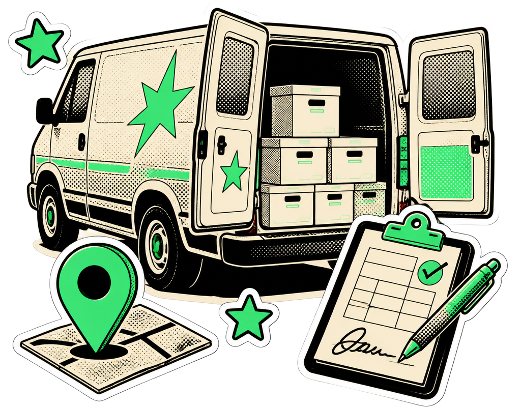 Illustration of a cargo van loaded with archive boxes beside a map pin and a signed pickup form