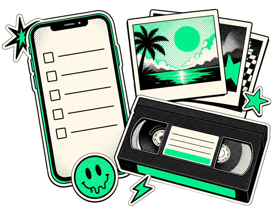 Illustration of a phone showing a quote checklist beside photo prints and a VHS tape