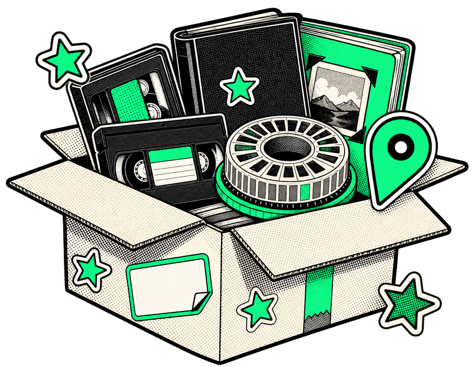 Illustration of an open shipping box packed with tapes, a film reel and photo albums