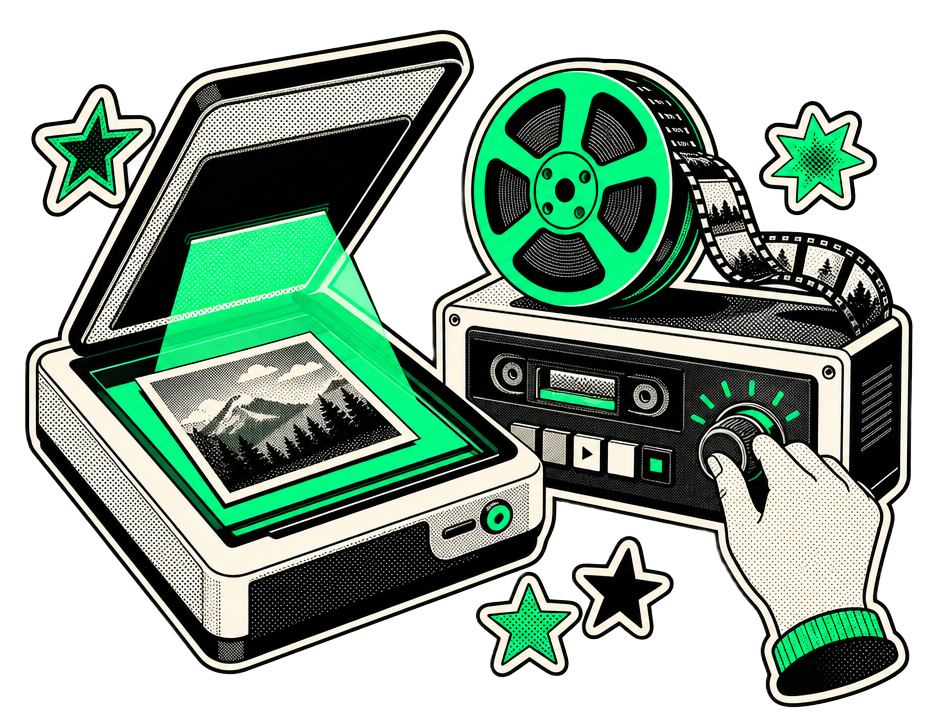 Illustration of a flatbed scanner and a video deck with a film reel being captured