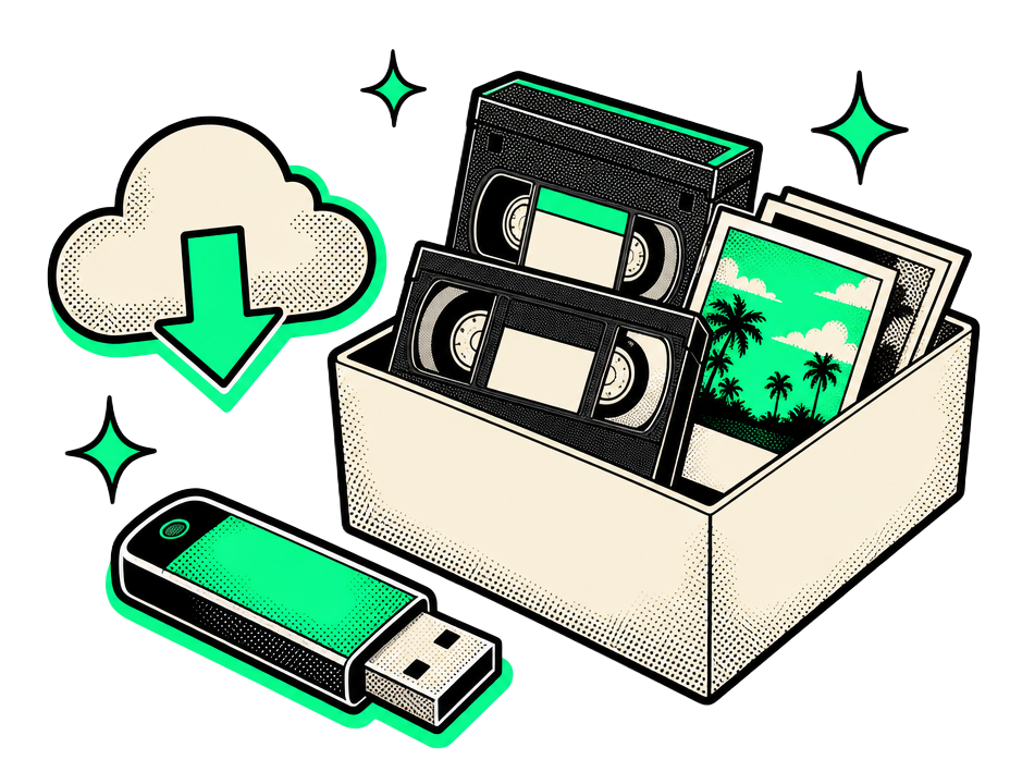 Illustration of a USB drive and cloud download beside a box of returned tapes and photos
